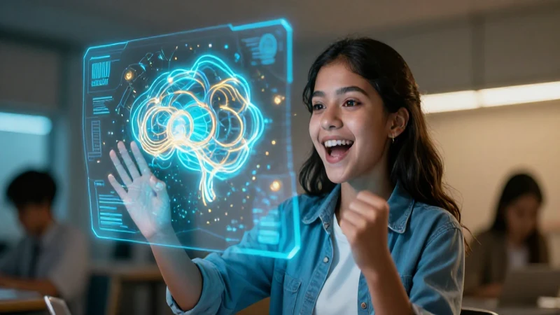 Estudiante mexicano entusiasta con IA holográfica y estética vibrante