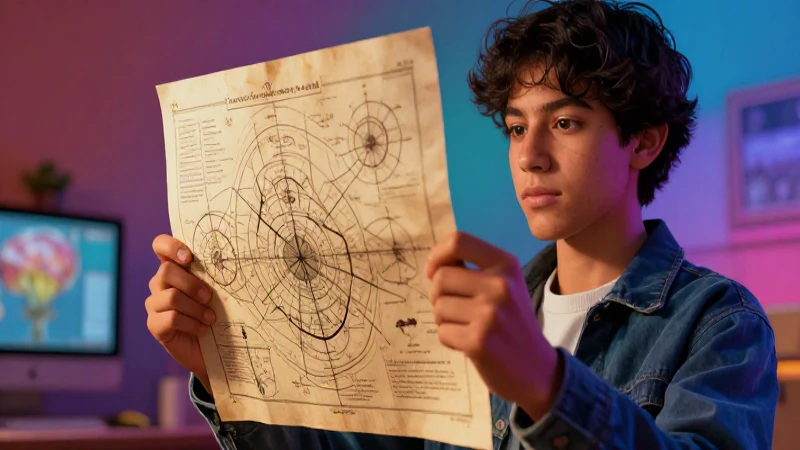 Estudiante apasionado con diagrama científico vibrante