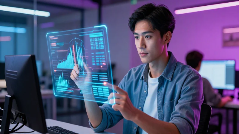 Joven emprendedor analizando datos holográficos en espacio moderno