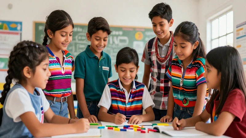 Ilustración vibrante de niños mexicanos felices aprendiendo