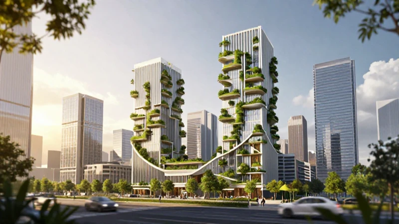 Ciudad futurista sostenible con jardines verticales y luz dorada