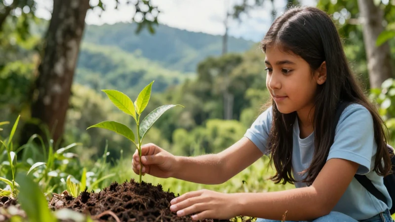 Joven estudiante mexicano cuida un árbol