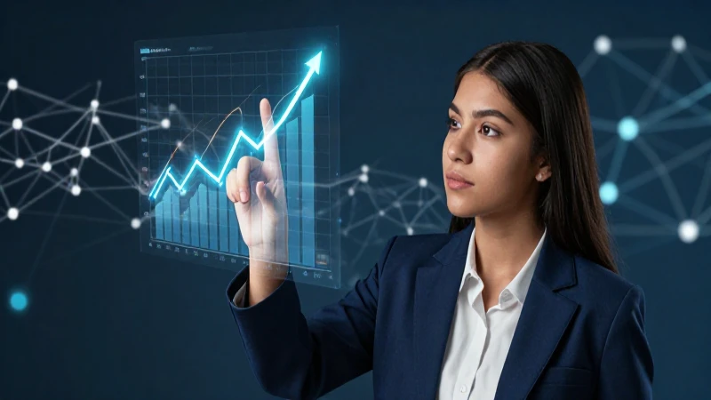 Joven estudiante analiza datos económicos holográficos