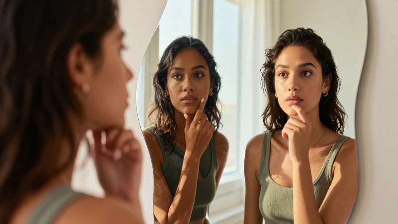 Joven contempla reflejo dorado en estilo revista