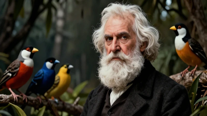 Retrato detallado de Darwin con pinzones en Galápagos
