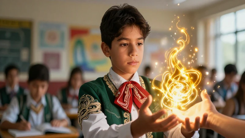 Estudiante recibe energía dorada en una portada dinámica