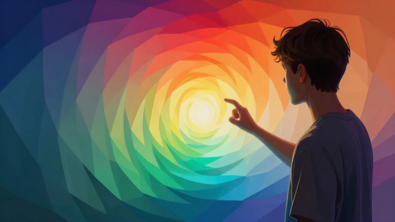 Joven interactúa con arte abstracto vibrante