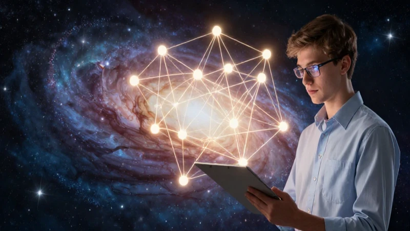 Teoría: Concepto, Elementos, Tipos y Ejemplos Explicados 6 Estudiante analiza estructuras geométricas cósmicas brillantes