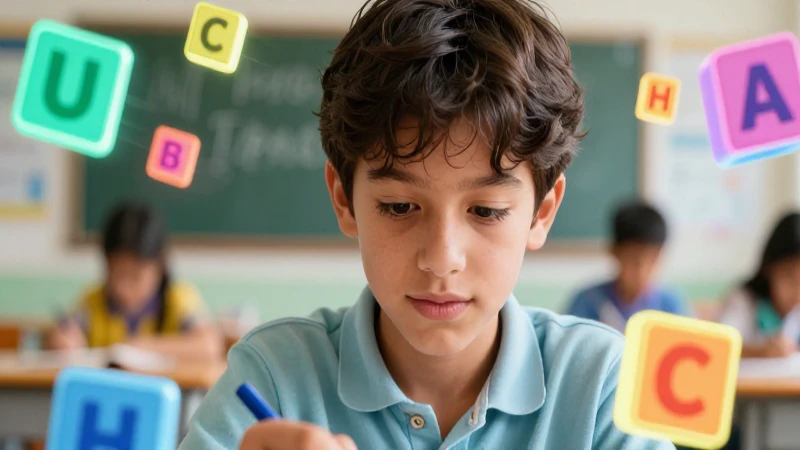 Estudiante concentrado con bloques de gramática luminosa