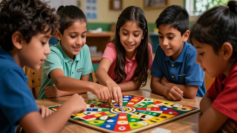 Niños mexicanos concentrados en un juego de mesa vibrante