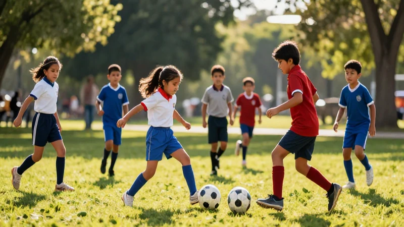 Niños mexicanos jugando fútbol en un parque vibrante