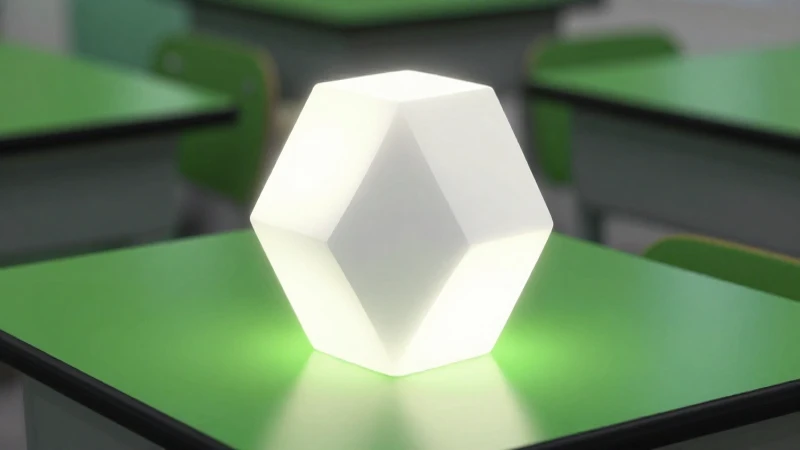 Escultura geométrica blanca en escritorio verde educativo