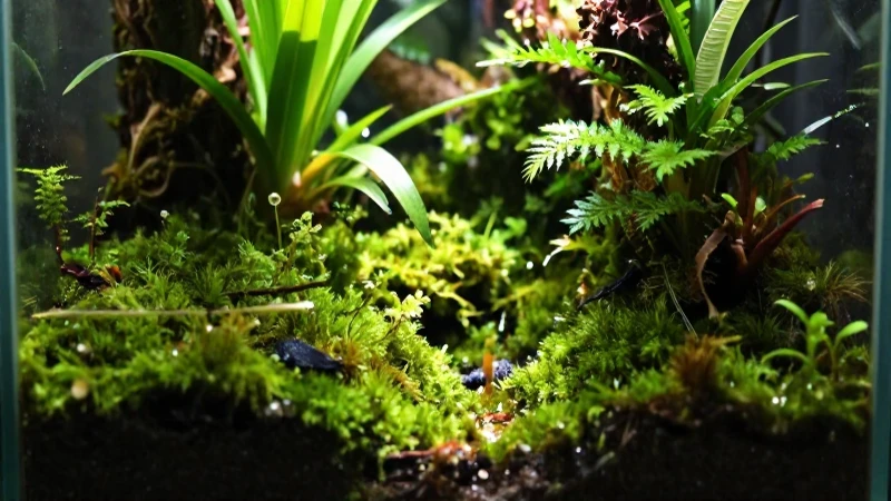 Terrario tropical vibrante con luz natural intensa
