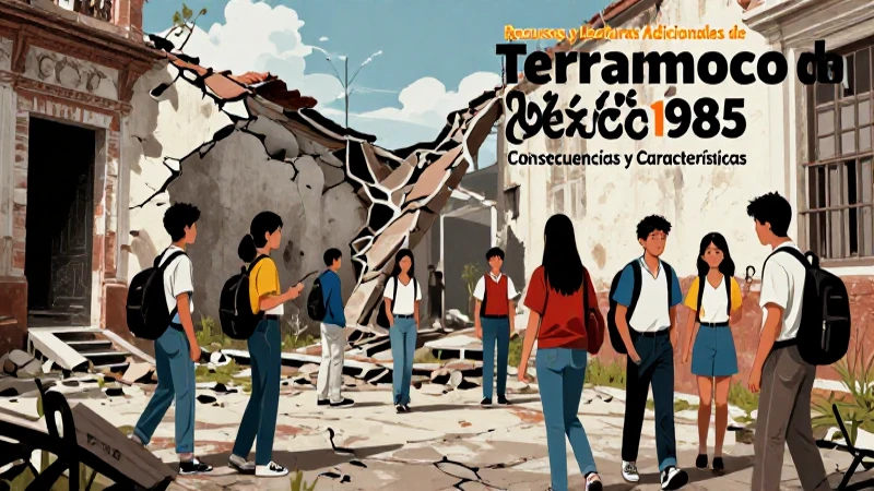 Terremoto de México 1985: Consecuencias y Características 8 Ilustración vibrante de estudiantes modernos frente a ruinas de 1985
