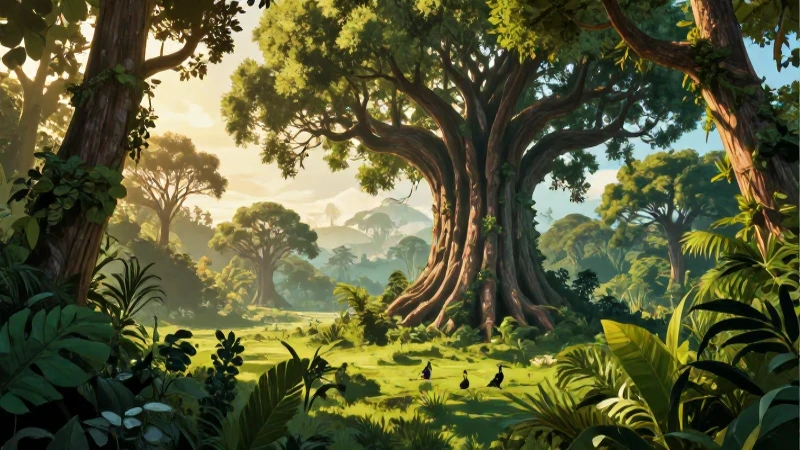 Bosque tropical exuberante con luz dorada cinematográfica