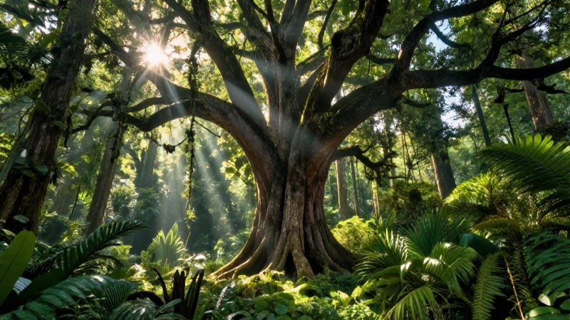 Bosque frondoso con rayos de sol y árbol majestuoso