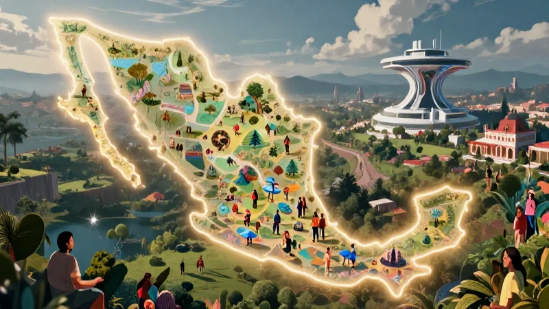 Territorio: concepto, tipos, características y población 6 Paisaje mexicano futurista con mapa y comunidad