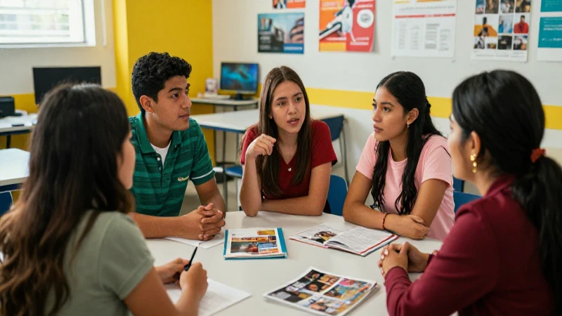 Estudiantes mexicanos debatiendo en aula vibrante