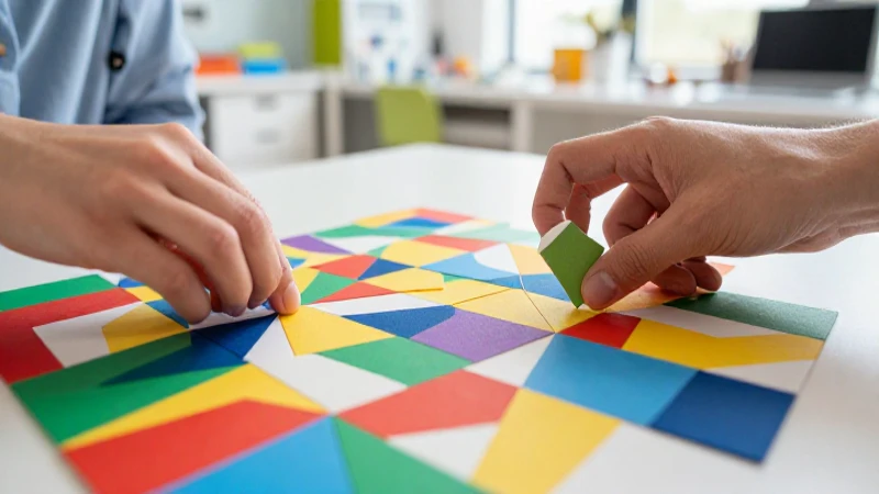 Manos organizan formas geométricas abstractas