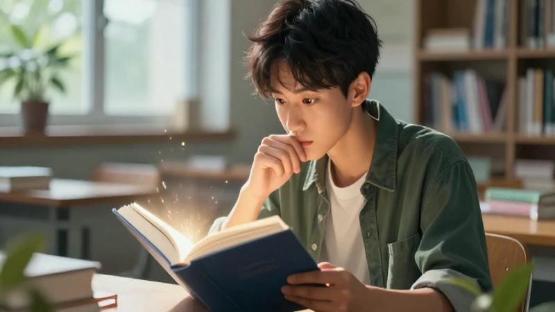 Joven erudito contemplando un libro antiguo