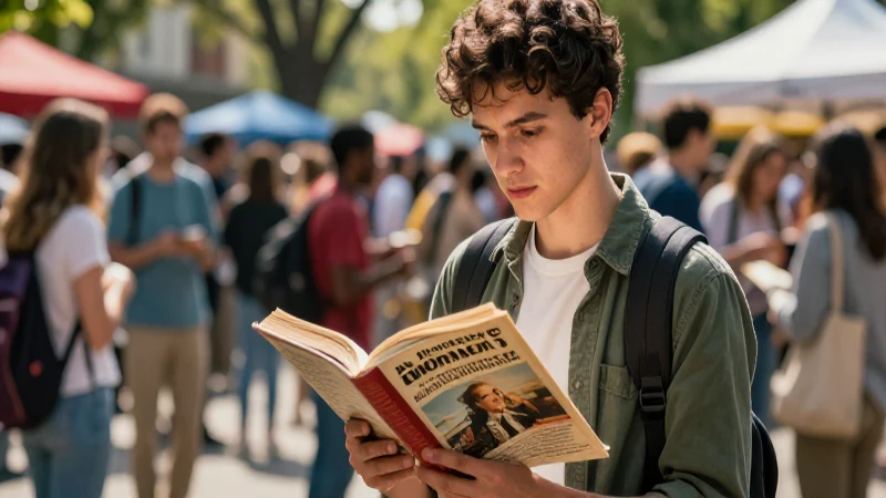 Joven estudioso lee libro con estética vibrante