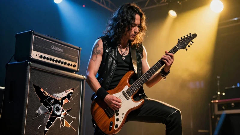 Texto cortos: 10 ejemplos de párrafos cortos efectivos 4 Guitarrista rock con amplificador roto, estilo revista dramático