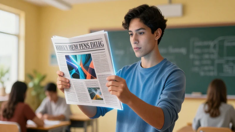 Estudiante mexicano con periódico digital vibrante