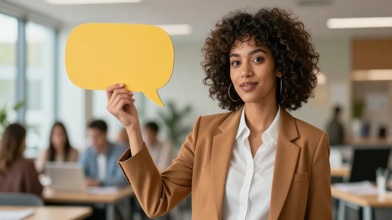 Textos persuasivos: 10 ejemplos impactantes y efectivos 9 Mujer profesional con burbuja de habla en ambiente académico moderno