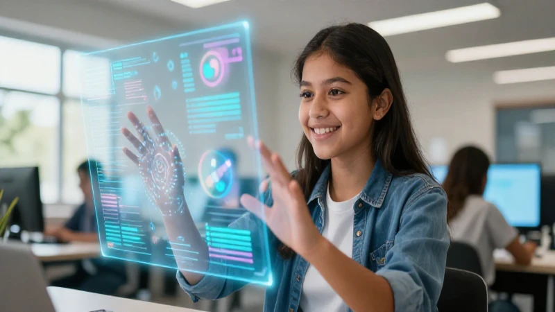 Joven estudiante sonriente con datos holográficos