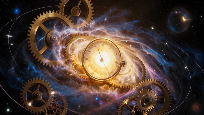 Tiempo en física: Definición, medición y características 7 Reloj cuántico integrado con nebulosa y luz etérea