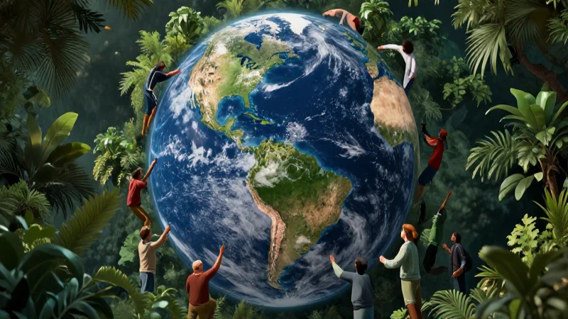 Humanos interactúan con un planeta verde vibrante
