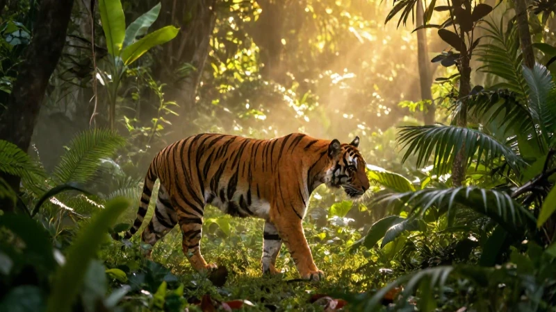 Tigres: 10 Características Impresionantes de Estos Animales 4 Tigre majestuoso en selva tropical bajo luz dorada