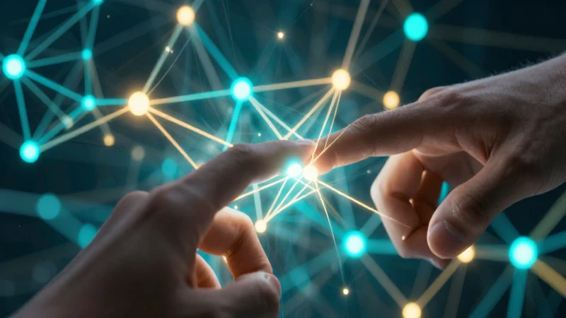 Manos conectan nodos abstractos con luz vibrante