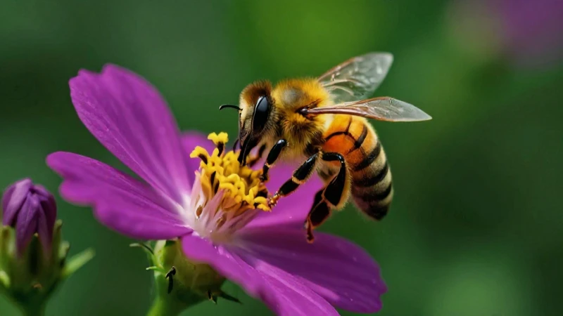 Abeja polinizando flor macro detallada