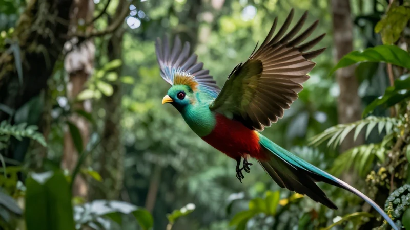 Tipos de ave: 50 ejemplos y nombres de aves Impresionantes 11 Quetzal vibrante en vuelo en la selva