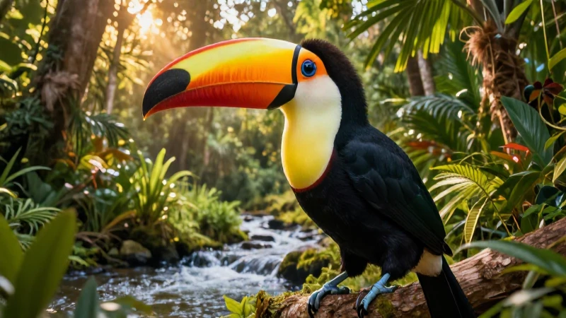 Loro vibrante en trópico, luz dorada y detalle