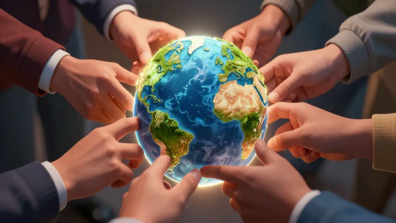 Manos conectadas en globo luminoso, estilo educativo