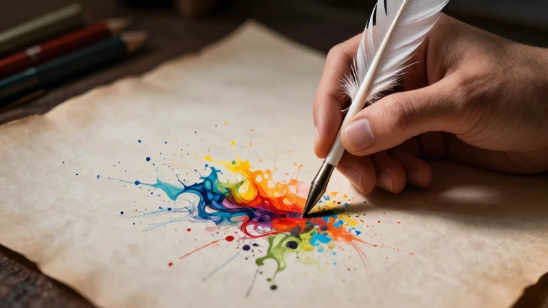 Mano con pluma y arte abstracto