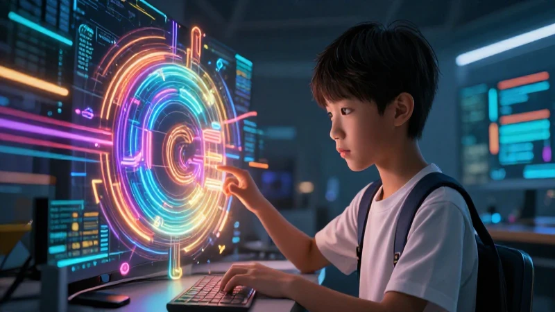 Estudiante enfocado con datos digitales brillantes
