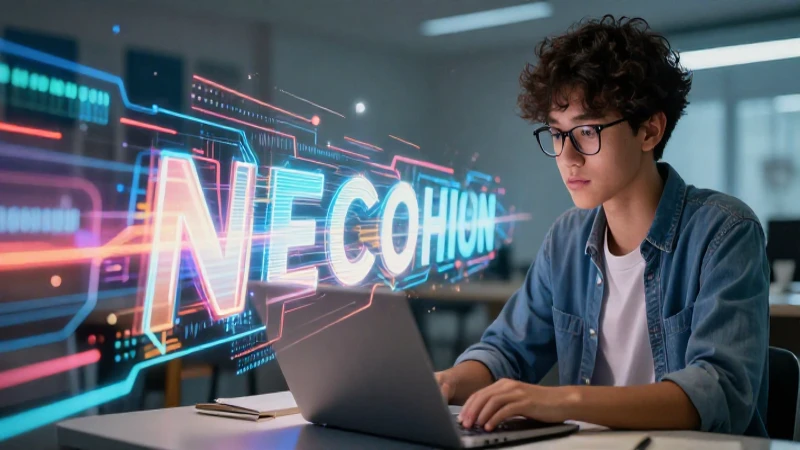Estudiante concentrado, datos abstractos y luz vibrante