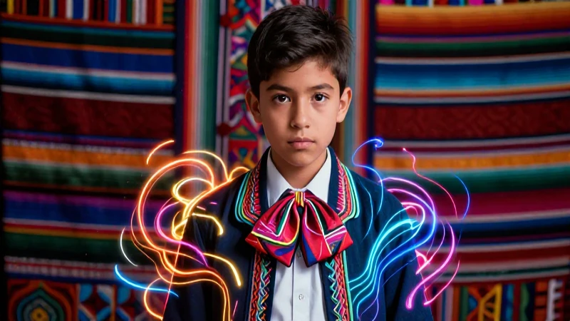 Estudiante mexicano con líneas de identidad vibrantes