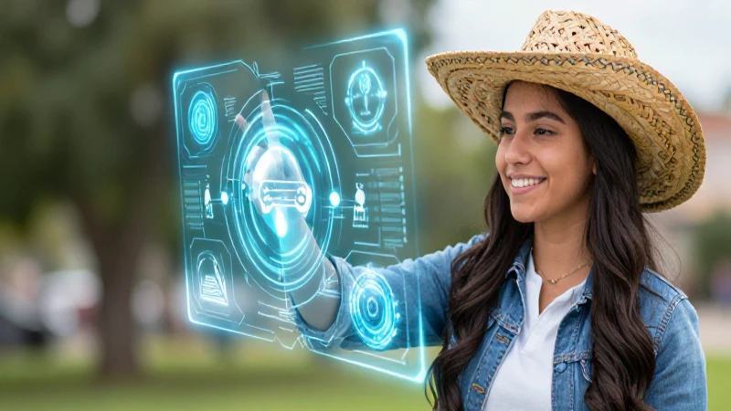 Estudiante mexicano feliz interactúa con interfaz digital futurista
