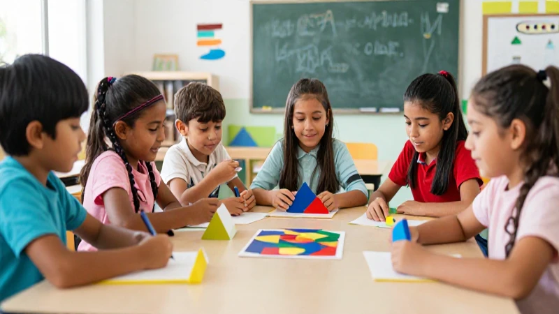Niños mexicanos felices clasificando formas geométricas en el aula