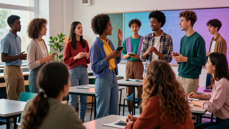 Estudiantes diversos en aula vibrante y profesional