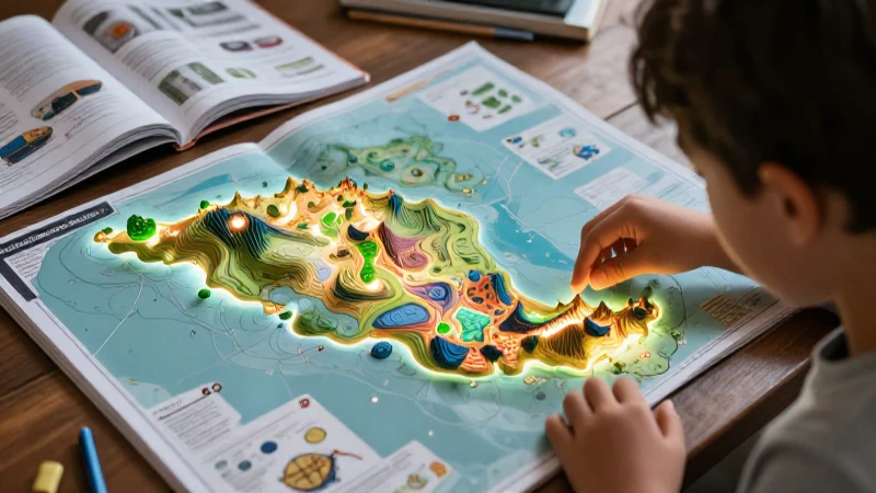 Estudiante aprende en mapa educativo detallado