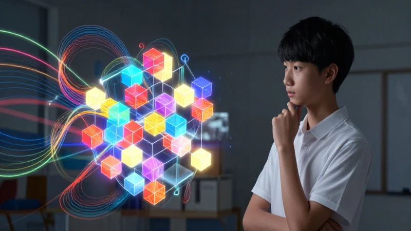 Joven estudiante pensante con estructuras de luz