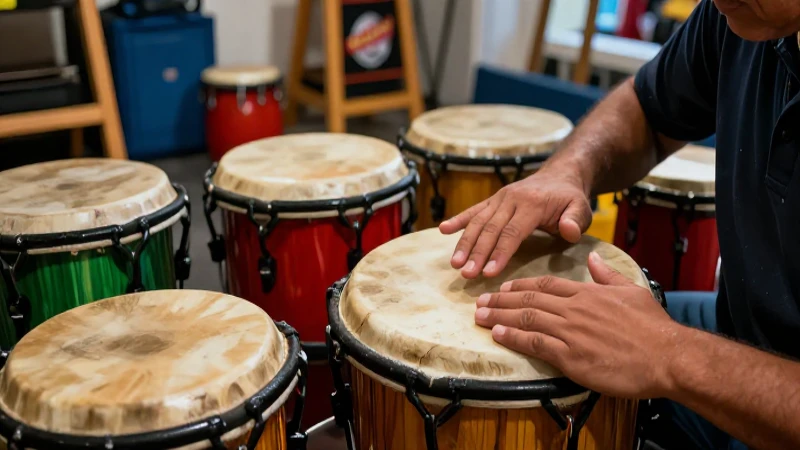 Percusionista examina tambores en estudio moderno