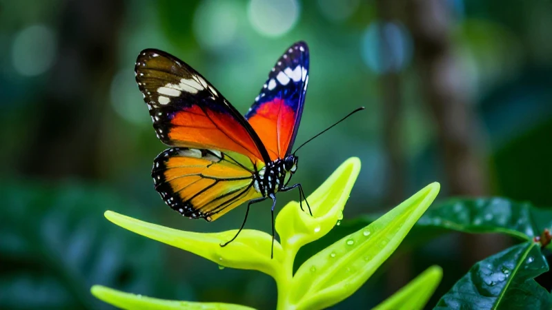 Mariposa tropical vibrante sobre flor neón