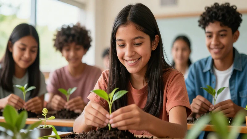 Estudiante mexicano sonriente cuida su planta