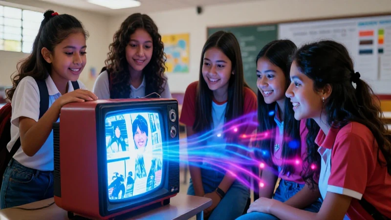 Estudiantes mexicanos y televisor vintage iluminado